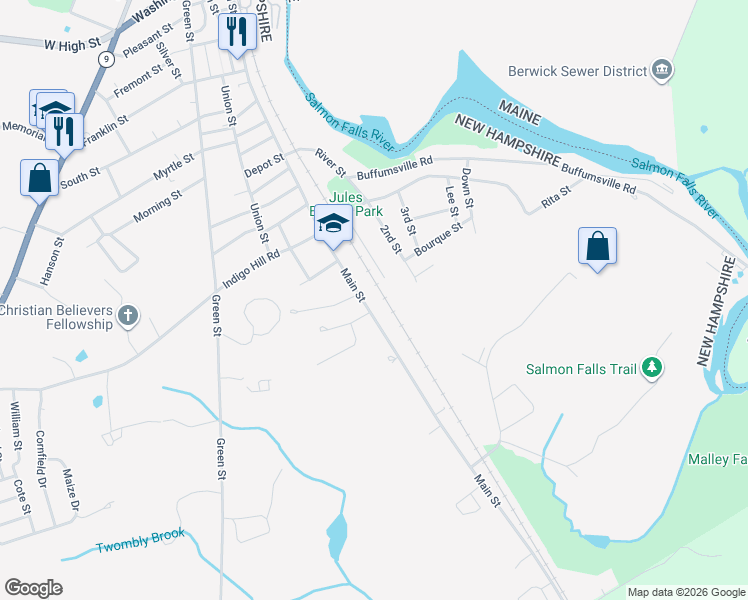 map of restaurants, bars, coffee shops, grocery stores, and more near 18 1st Street in Somersworth