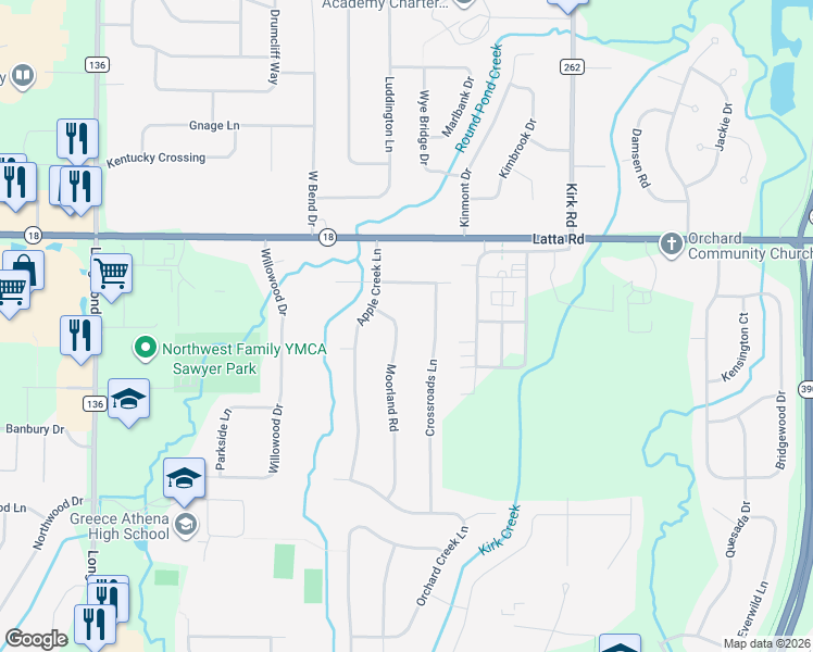map of restaurants, bars, coffee shops, grocery stores, and more near 19 Crossroads Lane in Rochester