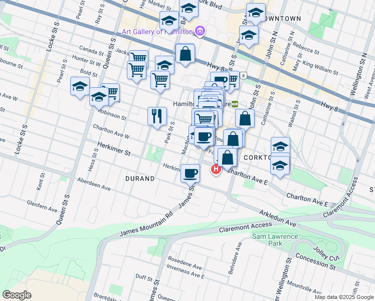 map of restaurants, bars, coffee shops, grocery stores, and more near 33 Robinson Street in Hamilton