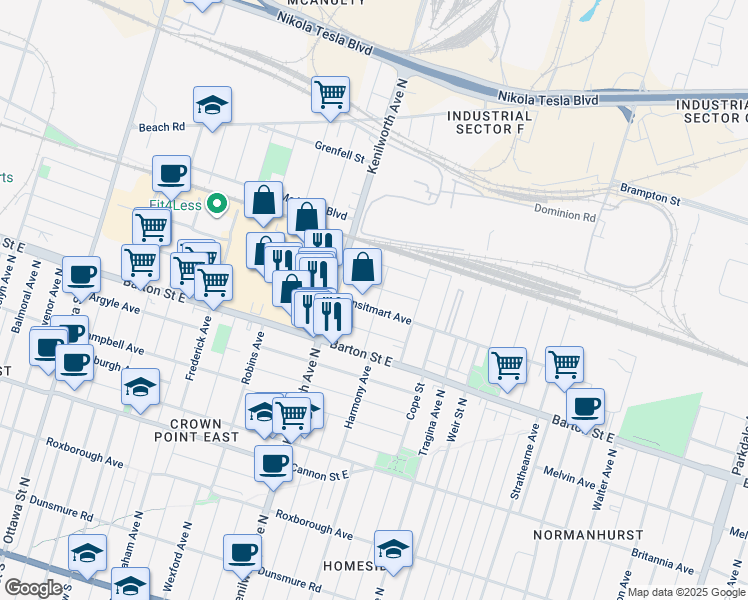 map of restaurants, bars, coffee shops, grocery stores, and more near 145 Harmony Avenue in Hamilton