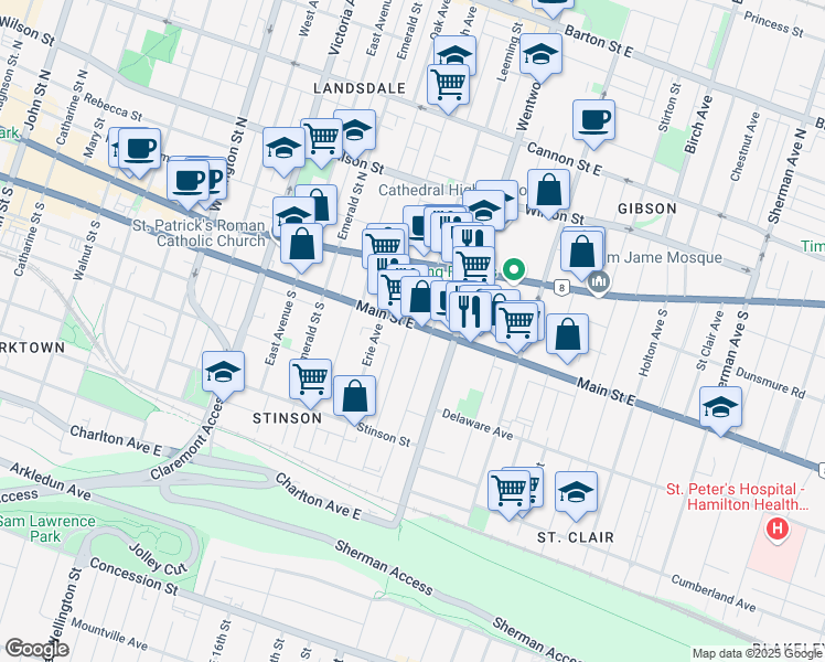 map of restaurants, bars, coffee shops, grocery stores, and more near 468 Main Street East in Hamilton