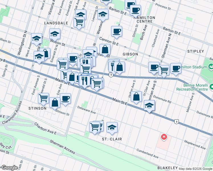 map of restaurants, bars, coffee shops, grocery stores, and more near 32 Arthur Avenue South in Hamilton