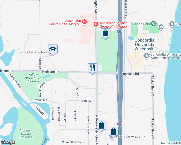 map of restaurants, bars, coffee shops, grocery stores, and more near 1386 Highland Road in Mequon
