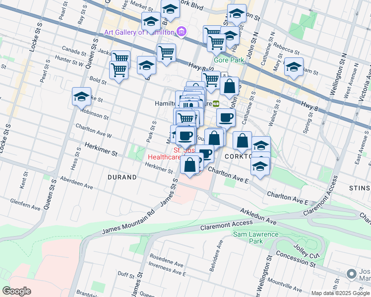 map of restaurants, bars, coffee shops, grocery stores, and more near 203 James Street South in Hamilton