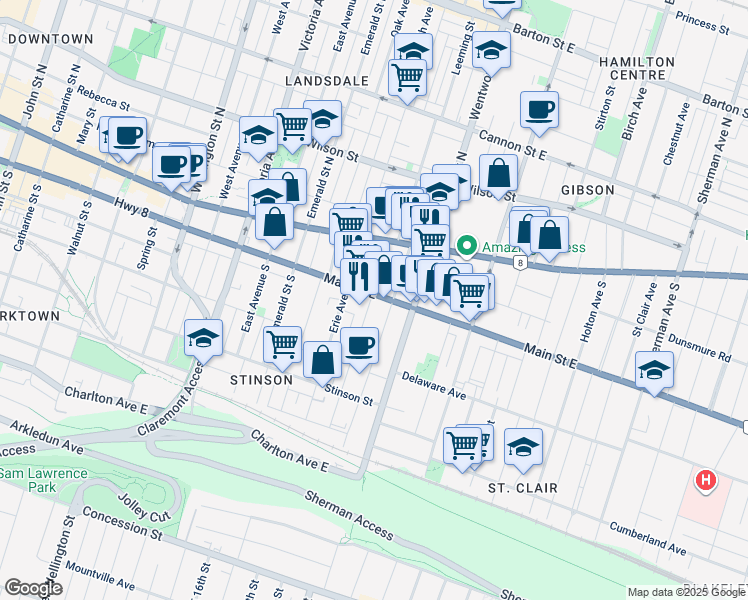 map of restaurants, bars, coffee shops, grocery stores, and more near 468 Main Street East in Hamilton