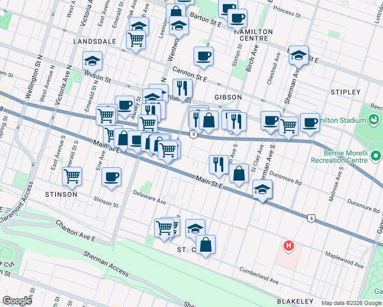 map of restaurants, bars, coffee shops, grocery stores, and more near 29 Arthur Avenue South in Hamilton