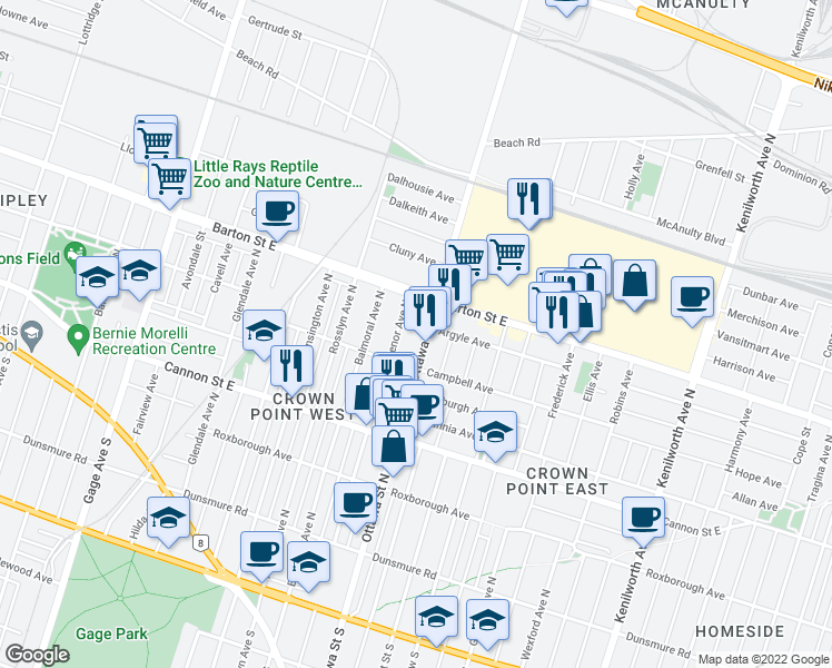map of restaurants, bars, coffee shops, grocery stores, and more near 1090 Barton Street East in Hamilton