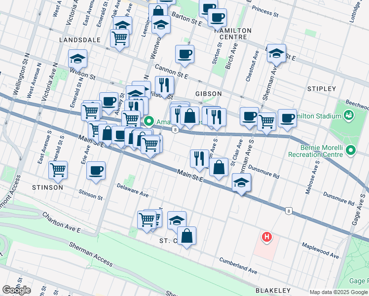map of restaurants, bars, coffee shops, grocery stores, and more near in Hamilton