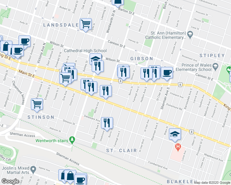 map of restaurants, bars, coffee shops, grocery stores, and more near 27 Sanford Avenue South in Hamilton