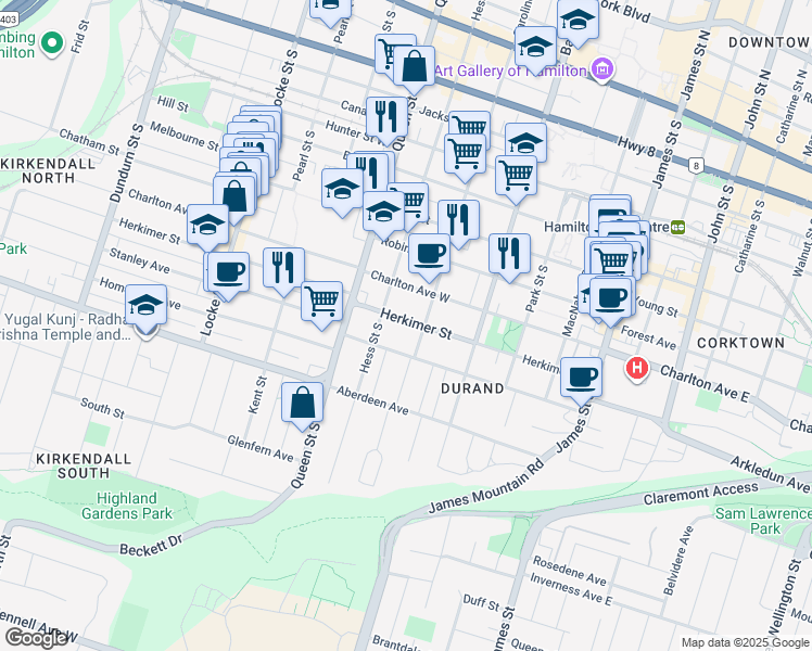 map of restaurants, bars, coffee shops, grocery stores, and more near in Hamilton