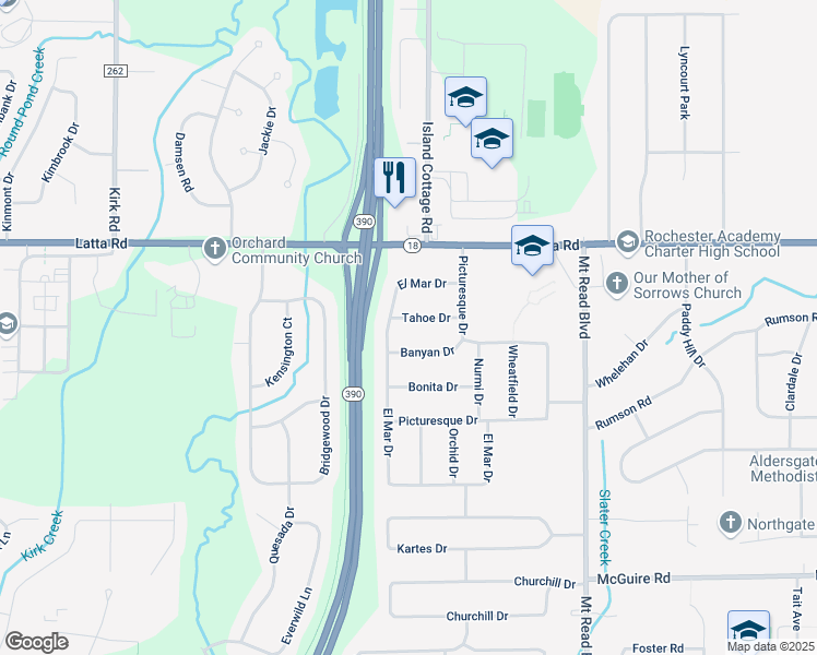 map of restaurants, bars, coffee shops, grocery stores, and more near 54 Tahoe Drive in Rochester