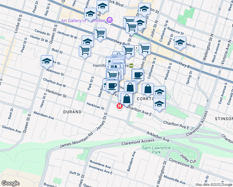 map of restaurants, bars, coffee shops, grocery stores, and more near 11 Forest Avenue in Hamilton