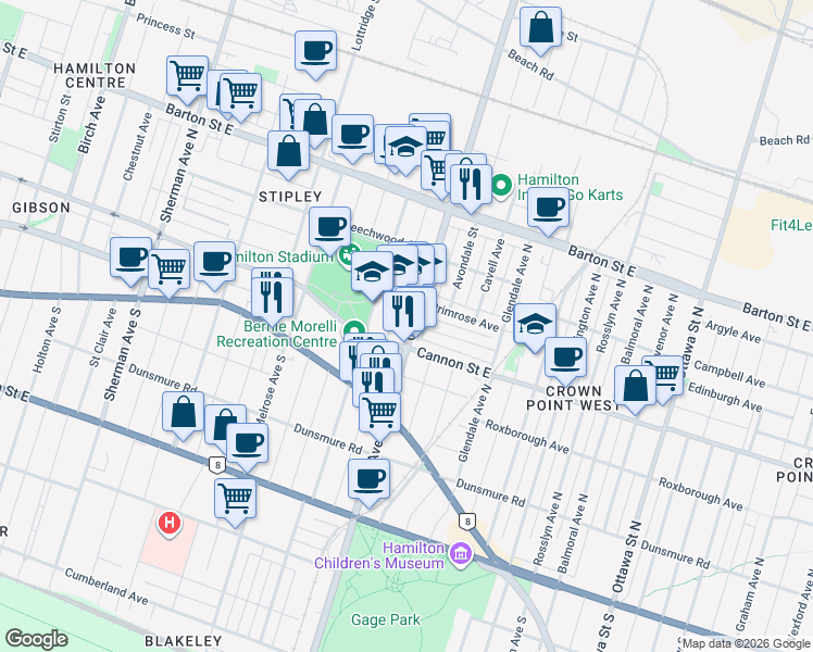 map of restaurants, bars, coffee shops, grocery stores, and more near 67 Gage Avenue North in Hamilton