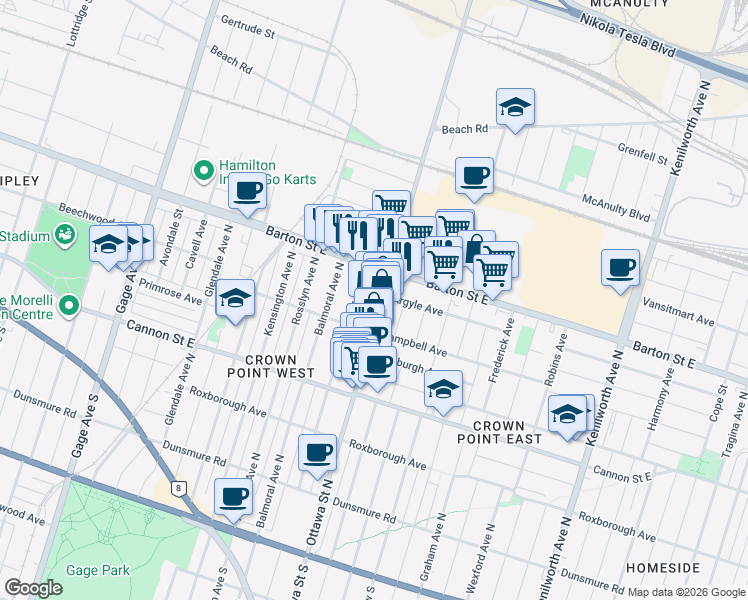 map of restaurants, bars, coffee shops, grocery stores, and more near 299 Ottawa Street North in Hamilton