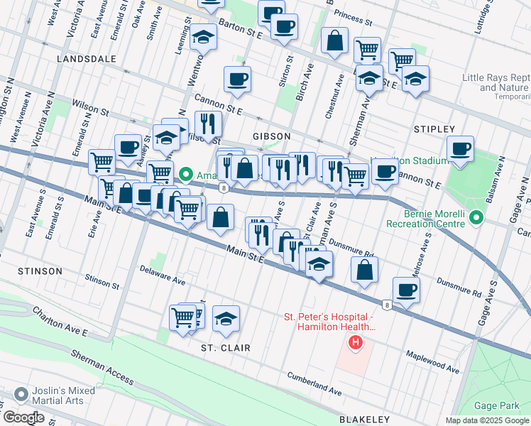 map of restaurants, bars, coffee shops, grocery stores, and more near 27 Fairleigh Avenue South in Hamilton