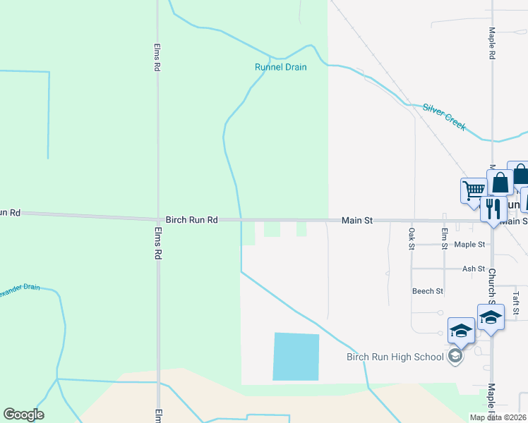 map of restaurants, bars, coffee shops, grocery stores, and more near 7315 Birch Run Road in Birch Run