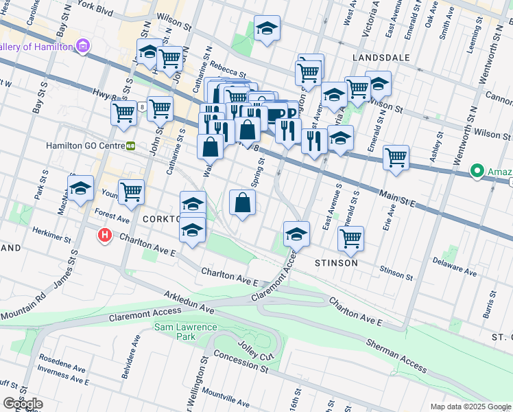 map of restaurants, bars, coffee shops, grocery stores, and more near 27 Grove Street in Hamilton