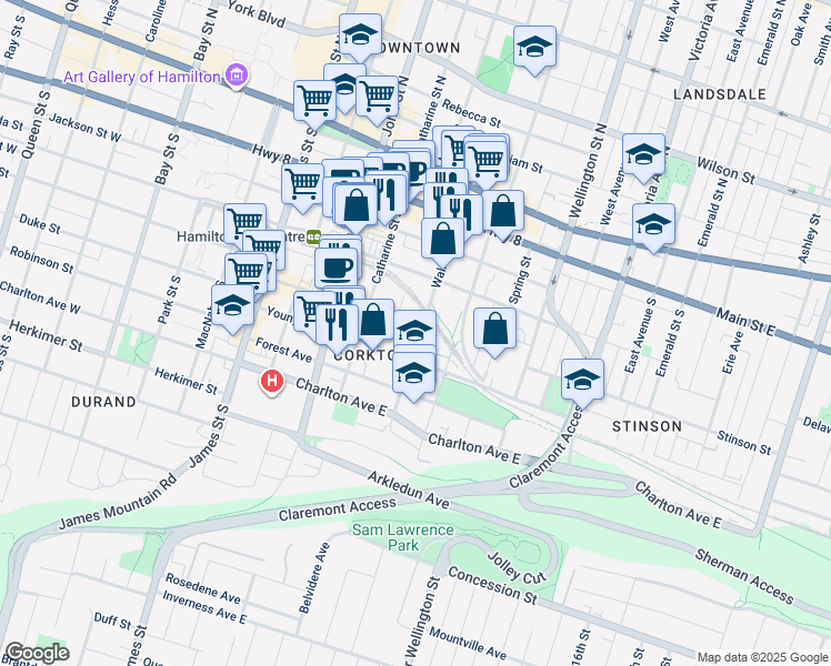 map of restaurants, bars, coffee shops, grocery stores, and more near 136 Augusta Street in Hamilton