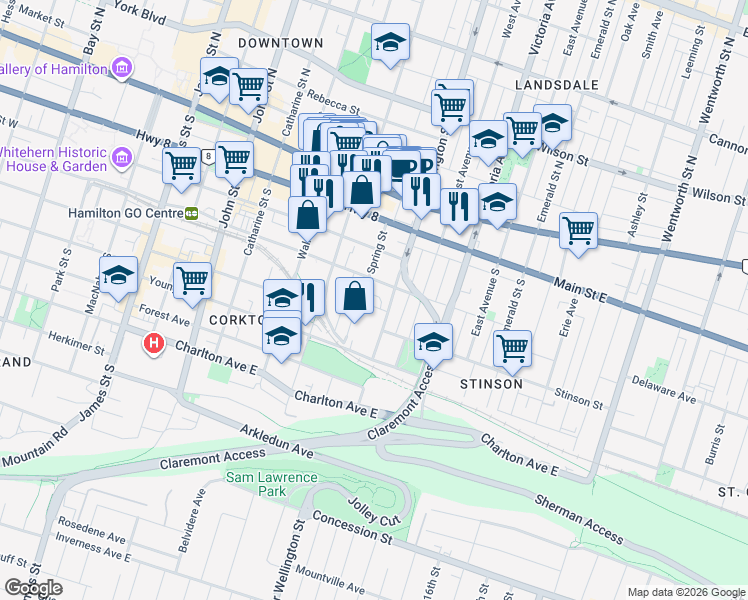 map of restaurants, bars, coffee shops, grocery stores, and more near 27 Grove Street in Hamilton