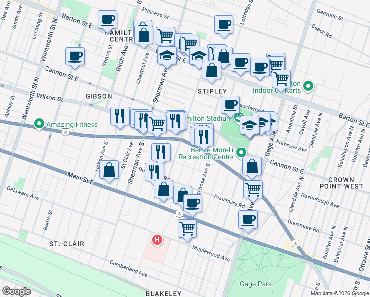 map of restaurants, bars, coffee shops, grocery stores, and more near in Hamilton