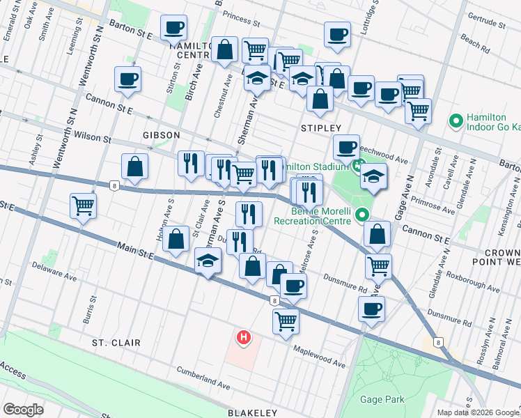 map of restaurants, bars, coffee shops, grocery stores, and more near in Hamilton