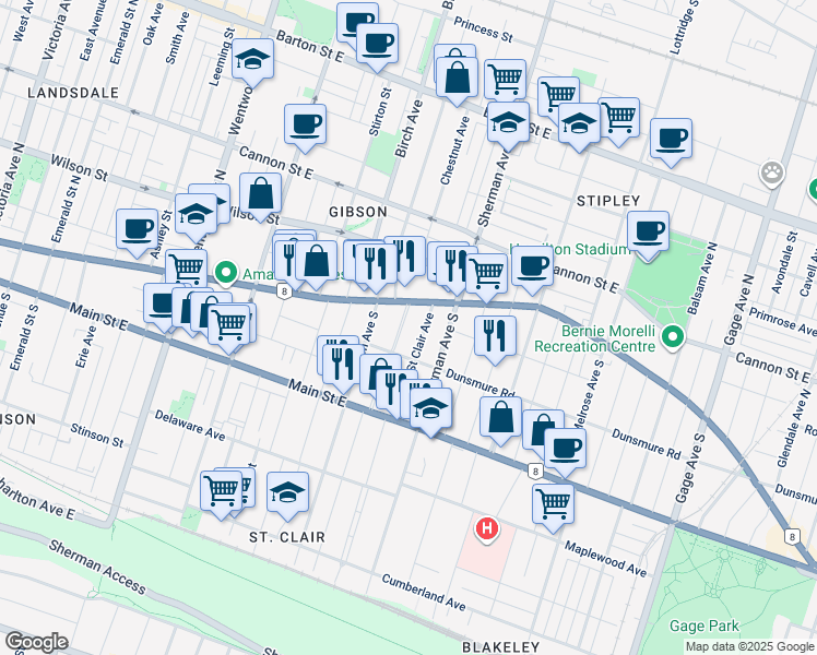 map of restaurants, bars, coffee shops, grocery stores, and more near in Hamilton