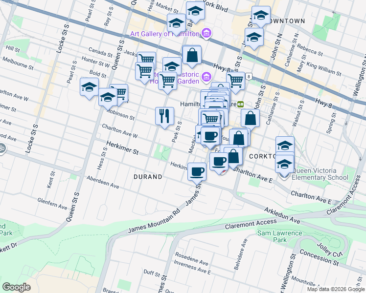 map of restaurants, bars, coffee shops, grocery stores, and more near 33 Robinson Street in Hamilton