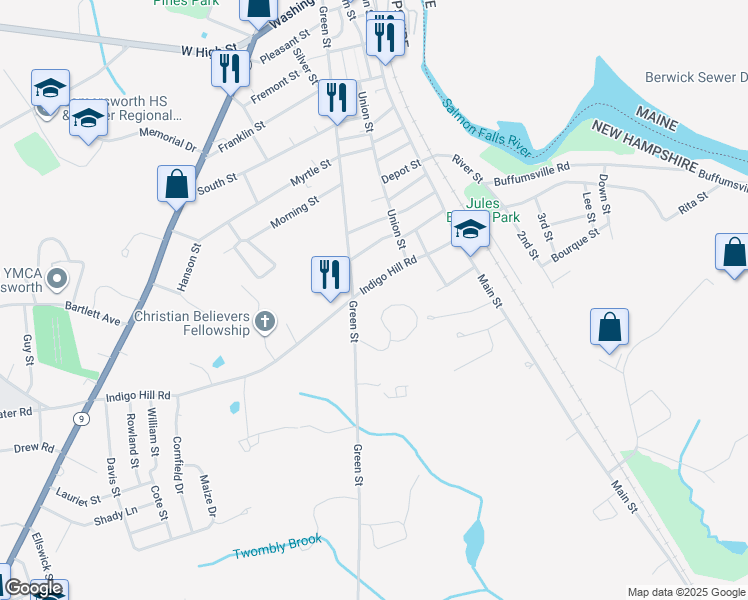 map of restaurants, bars, coffee shops, grocery stores, and more near 75 Indigo Hill Road in Somersworth