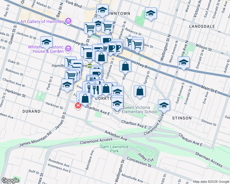 map of restaurants, bars, coffee shops, grocery stores, and more near 126 Augusta Street in Hamilton