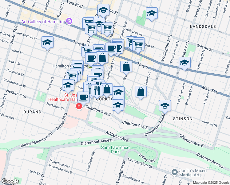 map of restaurants, bars, coffee shops, grocery stores, and more near in Hamilton