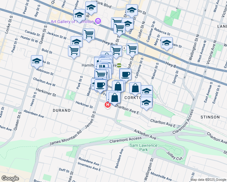 map of restaurants, bars, coffee shops, grocery stores, and more near 151 Hughson Street South in Hamilton