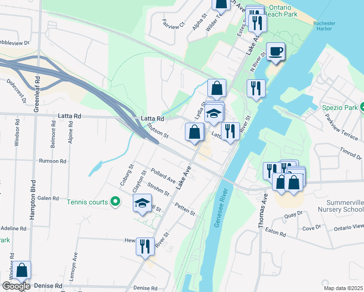 map of restaurants, bars, coffee shops, grocery stores, and more near 154 Stutson Street in Rochester