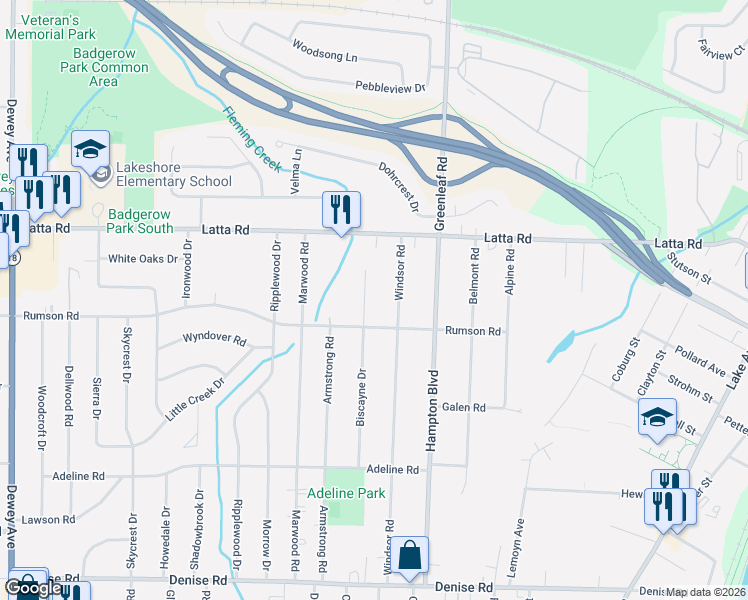 map of restaurants, bars, coffee shops, grocery stores, and more near 440 Biscayne Drive in Rochester