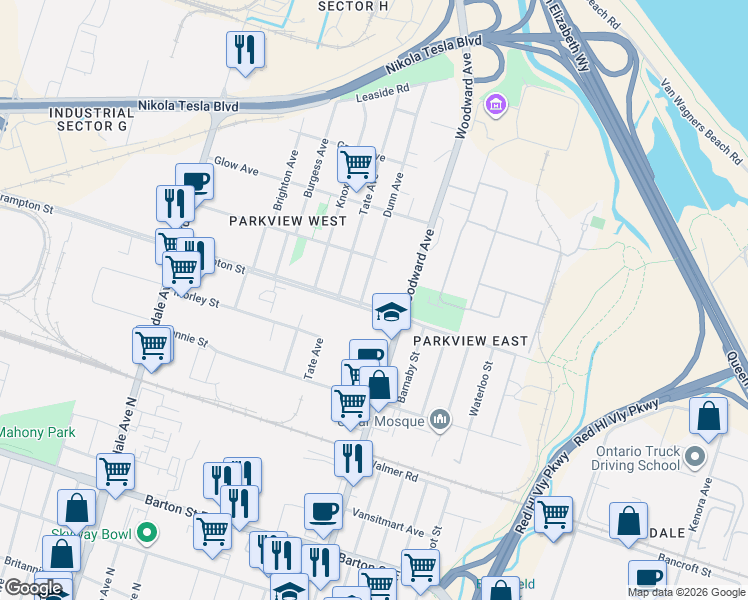 map of restaurants, bars, coffee shops, grocery stores, and more near in Hamilton