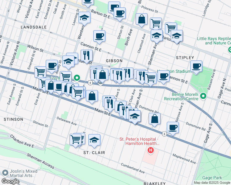 map of restaurants, bars, coffee shops, grocery stores, and more near 14 Holton Avenue South in Hamilton