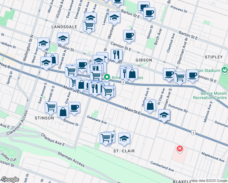 map of restaurants, bars, coffee shops, grocery stores, and more near 27 Sanford Avenue South in Hamilton