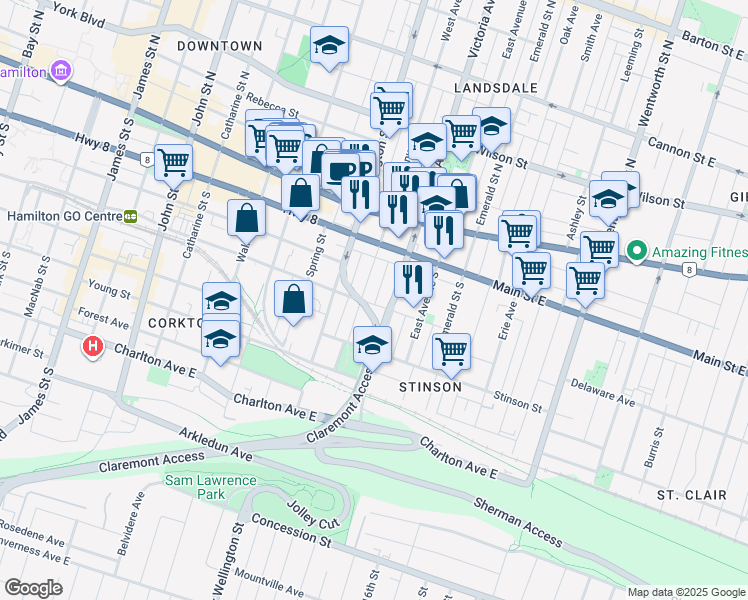 map of restaurants, bars, coffee shops, grocery stores, and more near in Hamilton