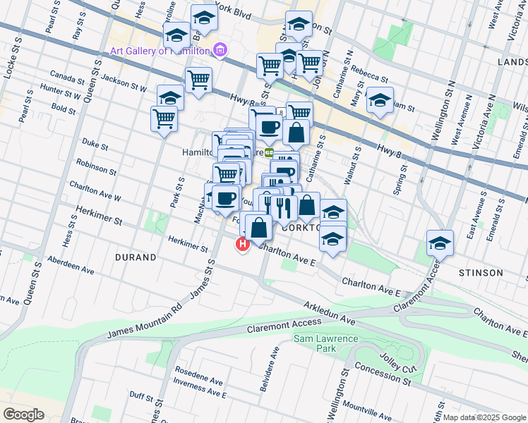 map of restaurants, bars, coffee shops, grocery stores, and more near in Hamilton