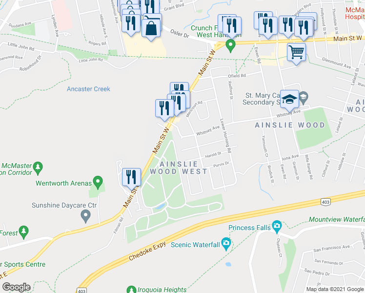 map of restaurants, bars, coffee shops, grocery stores, and more near 415 Whitney Avenue in Hamilton