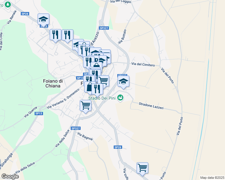 map of restaurants, bars, coffee shops, grocery stores, and more near 27A Via della Repubblica in Foiano della Chiana