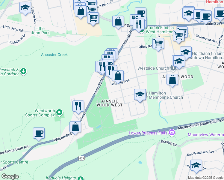 map of restaurants, bars, coffee shops, grocery stores, and more near 64 Beaucourt Road in Hamilton