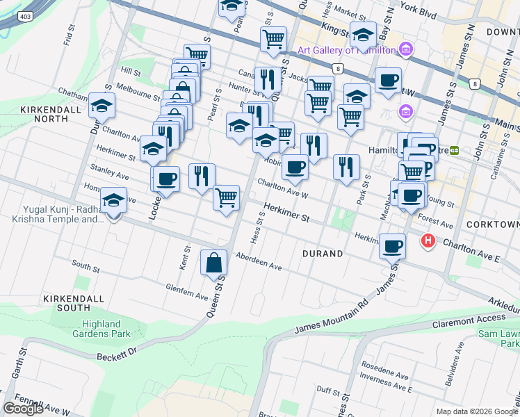 map of restaurants, bars, coffee shops, grocery stores, and more near 157 Herkimer Street in Hamilton