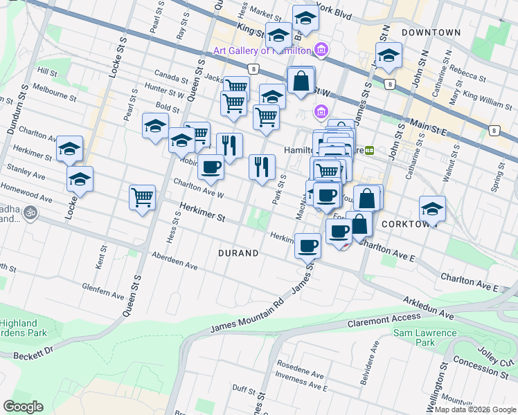 map of restaurants, bars, coffee shops, grocery stores, and more near 100 Charlton Avenue West in Hamilton