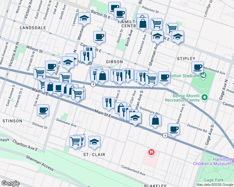 map of restaurants, bars, coffee shops, grocery stores, and more near 24 Holton Avenue South in Hamilton