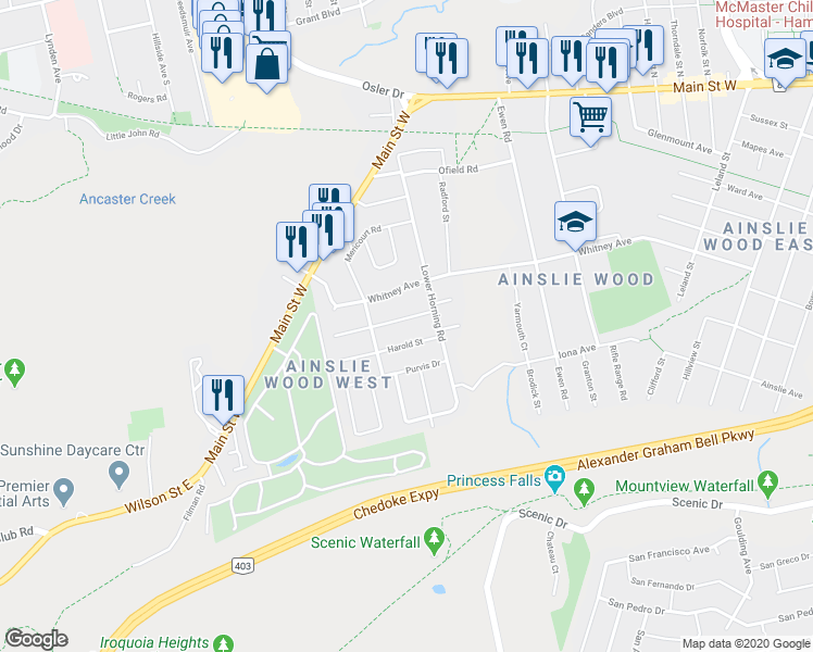 map of restaurants, bars, coffee shops, grocery stores, and more near 19 Beaucourt Road in Hamilton