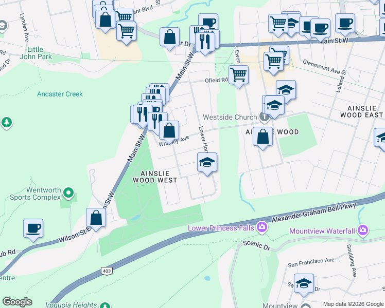 map of restaurants, bars, coffee shops, grocery stores, and more near 19 Beaucourt Road in Hamilton