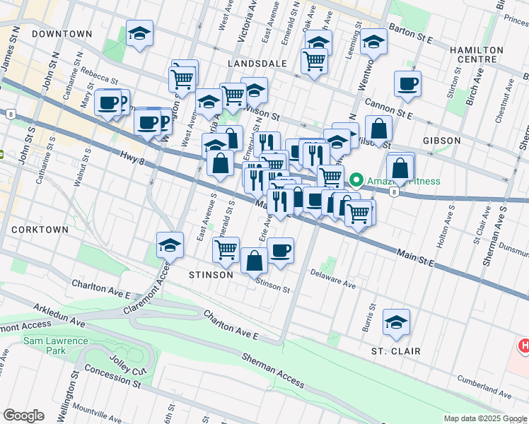 map of restaurants, bars, coffee shops, grocery stores, and more near 440 Main Street East in Hamilton