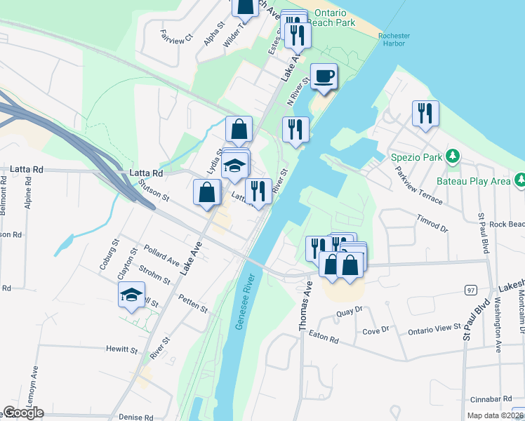 map of restaurants, bars, coffee shops, grocery stores, and more near 25 Latta Road in Rochester