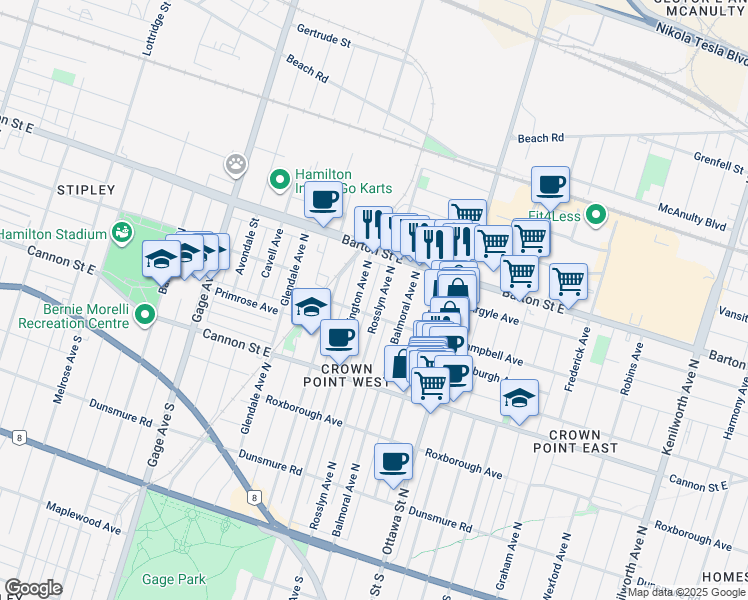 map of restaurants, bars, coffee shops, grocery stores, and more near 250 Rosslyn Avenue North in Hamilton