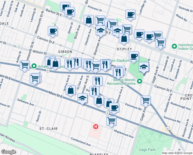 map of restaurants, bars, coffee shops, grocery stores, and more near 932 King Street East in Hamilton